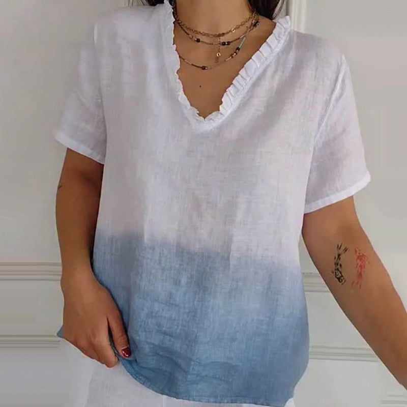 💕Limited Time 50% Off💕Women's Casual Gradient Print Ruffled V-Neck Shirt