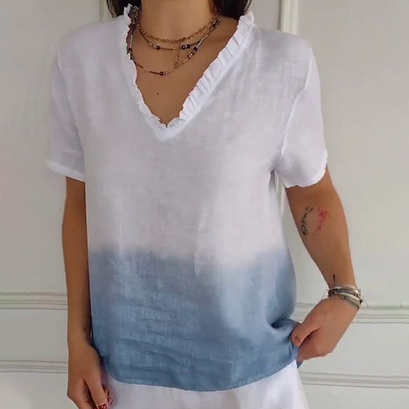 💕Limited Time 50% Off💕Women's Casual Gradient Print Ruffled V-Neck Shirt