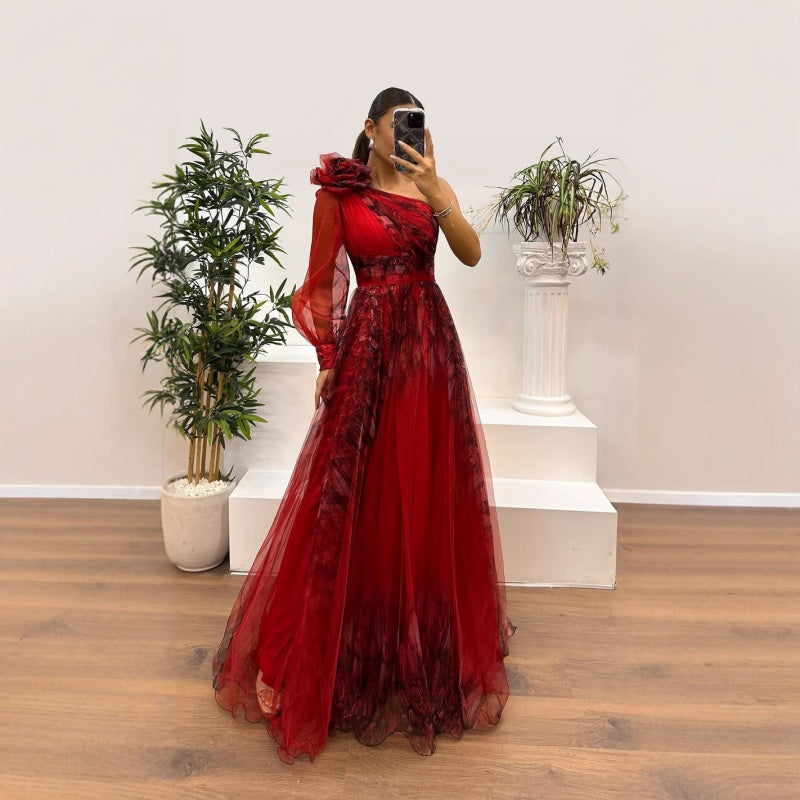 💖Limited Sale 50% OFF💖Women's Fashion Slant Shoulder Mesh Printed Dresses