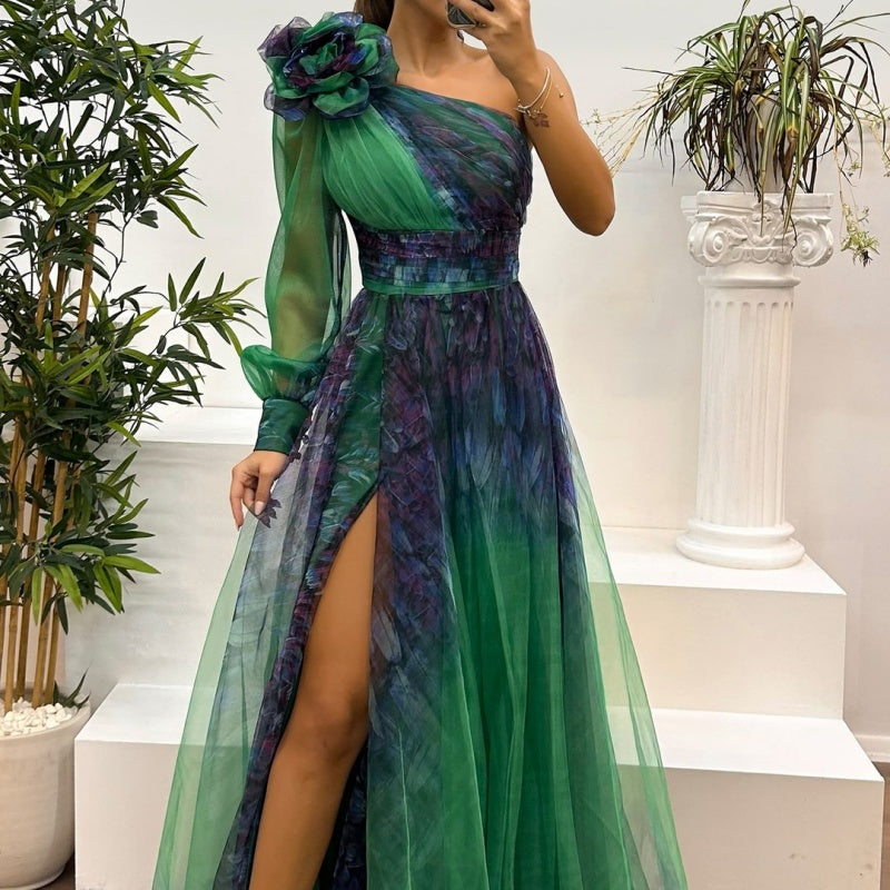 💖Limited Sale 50% OFF💖Women's Fashion Slant Shoulder Mesh Printed Dresses