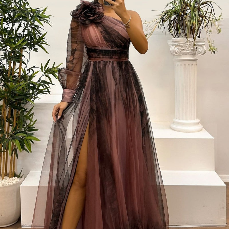 💖Limited Sale 50% OFF💖Women's Fashion Slant Shoulder Mesh Printed Dresses