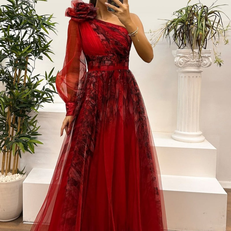 💖Limited Sale 50% OFF💖Women's Fashion Slant Shoulder Mesh Printed Dresses