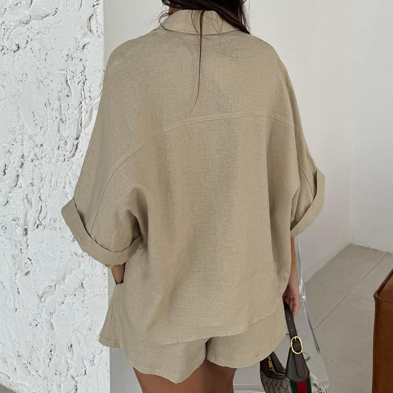 💖LAST DAY PROMOTION - 50%OFF💖 Women's Casual Lapel Top & High-Waisted Shorts Set – Effortless Style & Comfort!