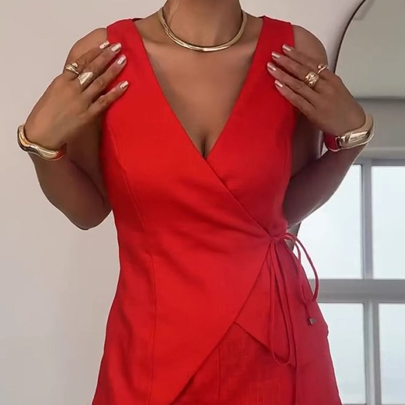 ❤️Limited Sale 50% OFF❤️Women's Sleeveless Wrap-Style Top & High-Waisted Shorts