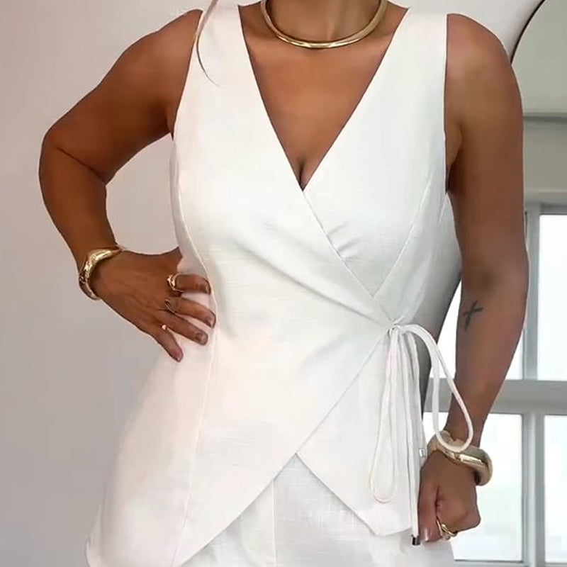 ❤️Limited Sale 50% OFF❤️Women's Sleeveless Wrap-Style Top & High-Waisted Shorts