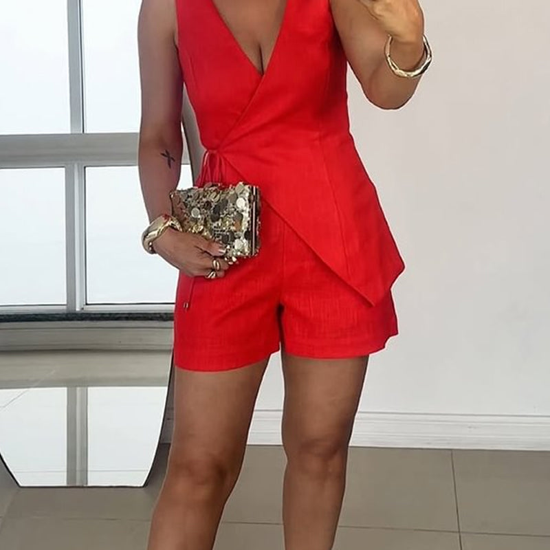 ❤️Limited Sale 50% OFF❤️Women's Sleeveless Wrap-Style Top & High-Waisted Shorts
