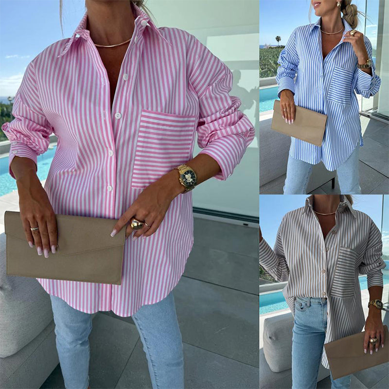 💕Limited Sale 50% OFF💕Women's Long Sleeve Casual Striped Loose Mid-Length Shirt