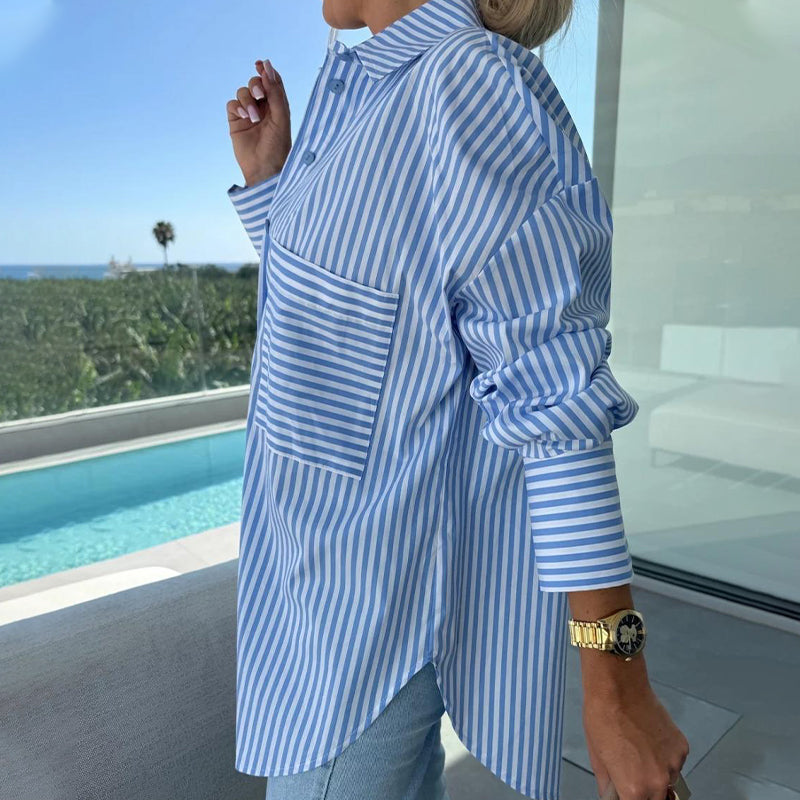 💕Limited Sale 50% OFF💕Women's Long Sleeve Casual Striped Loose Mid-Length Shirt