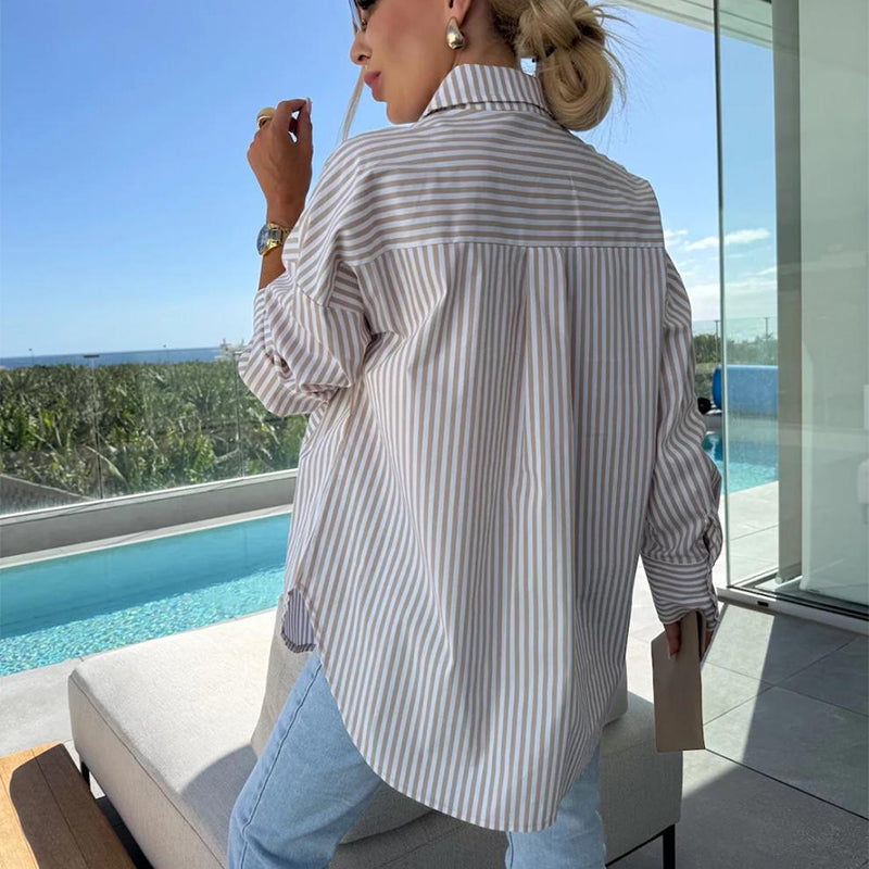 💕Limited Sale 50% OFF💕Women's Long Sleeve Casual Striped Loose Mid-Length Shirt