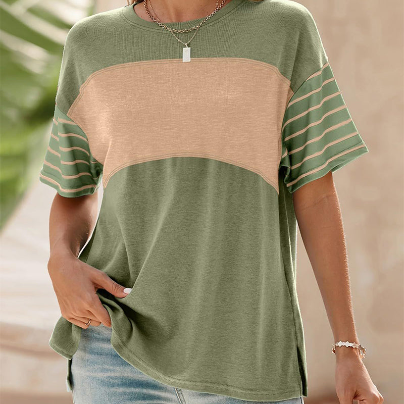 💕Limited Sale 50% OFF💕Women's Casual Round Neck Striped Color Clash Short Sleeve Top