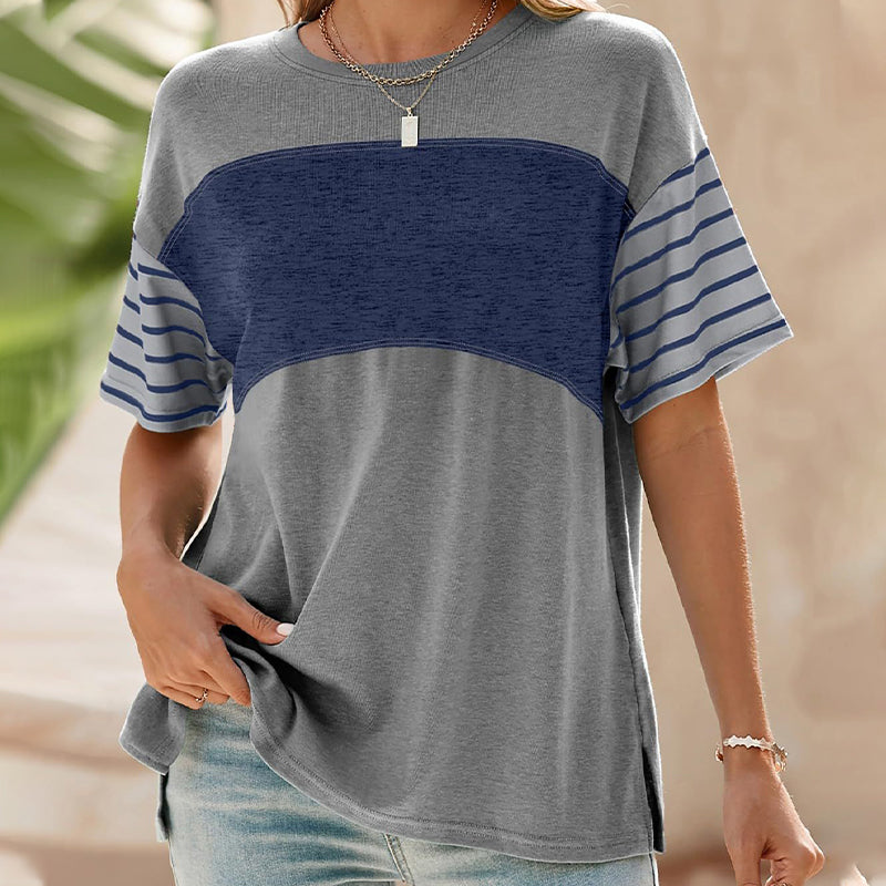 💕Limited Sale 50% OFF💕Women's Casual Round Neck Striped Color Clash Short Sleeve Top
