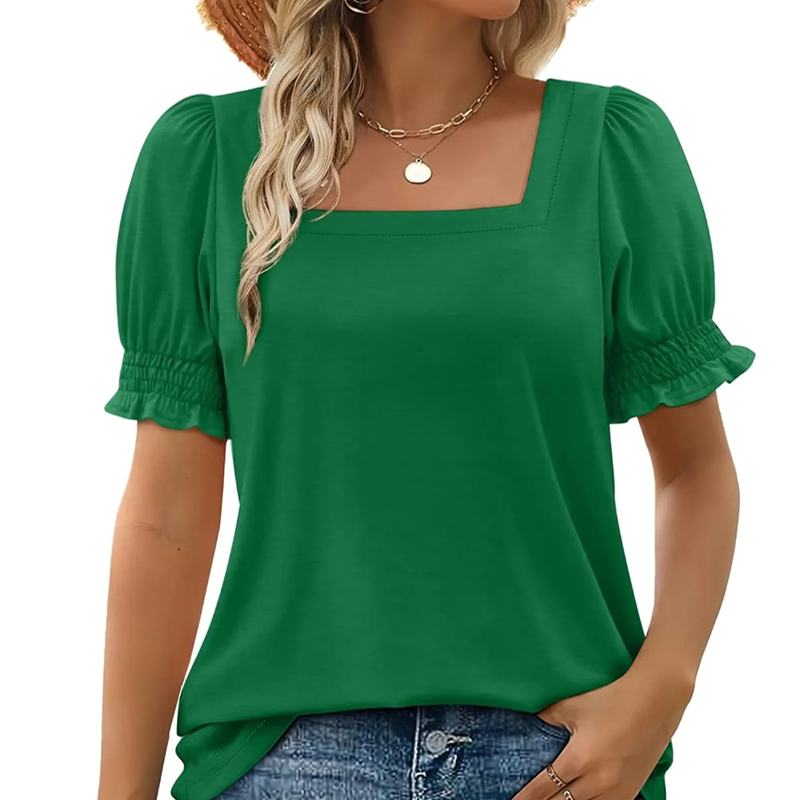 💖LAST DAY SALE 50% OFF💖Women's Casual Square Neck Smocked Sleeve T-Shirt