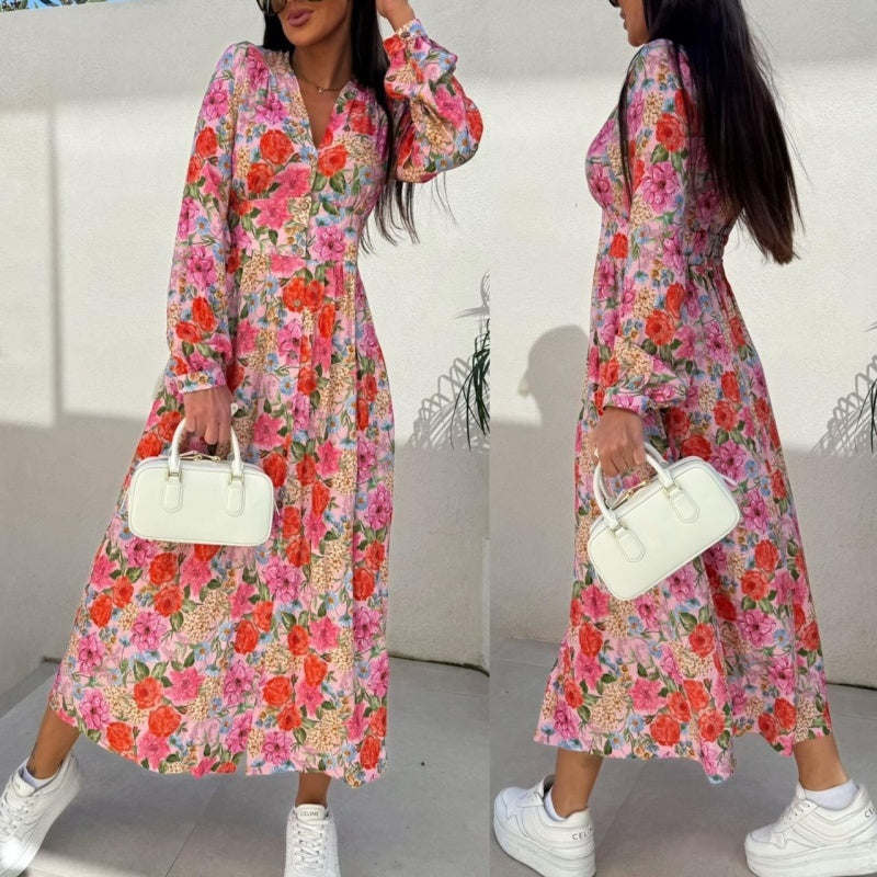 💖Last Day 50% OFF💖Fashion V-Neck Button Long Sleeve Floral Waist Dresses