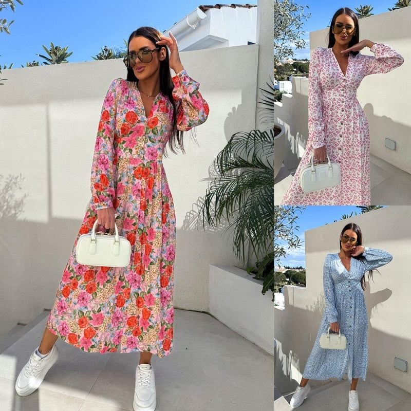 💖Last Day 50% OFF💖Fashion V-Neck Button Long Sleeve Floral Waist Dresses