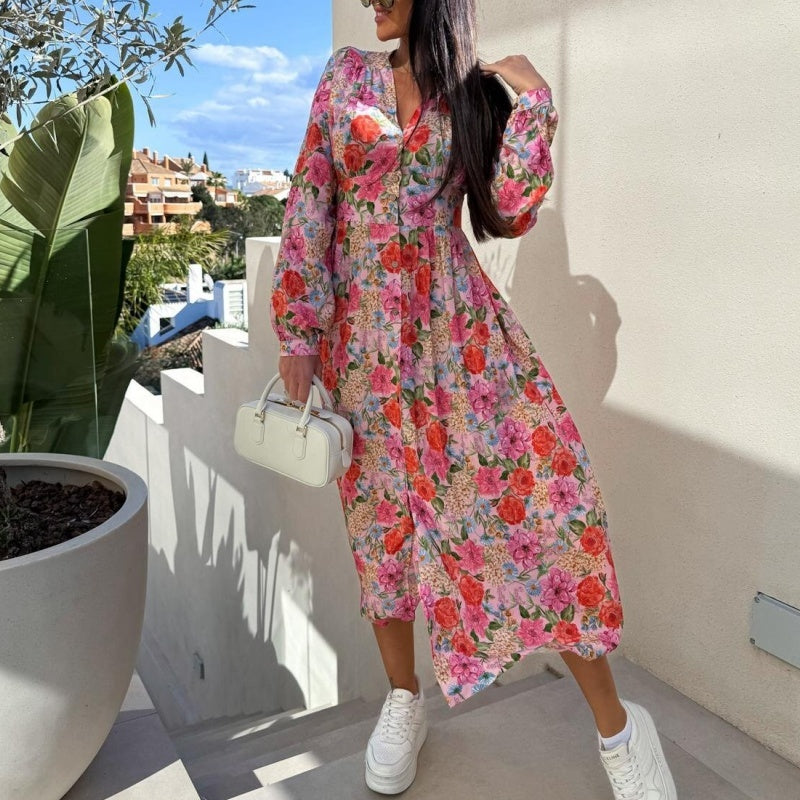 💖Last Day 50% OFF💖Fashion V-Neck Button Long Sleeve Floral Waist Dresses