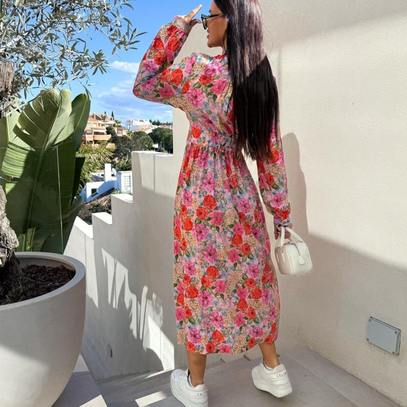 💖Last Day 50% OFF💖Fashion V-Neck Button Long Sleeve Floral Waist Dresses