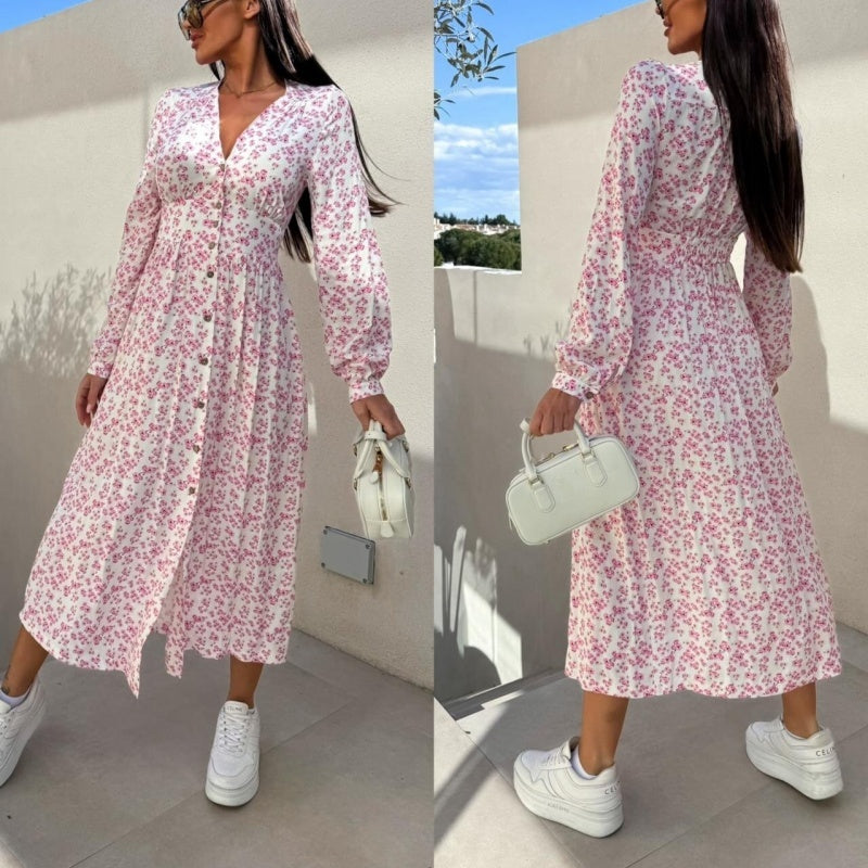 💖Last Day 50% OFF💖Fashion V-Neck Button Long Sleeve Floral Waist Dresses
