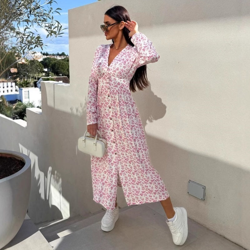 💖Last Day 50% OFF💖Fashion V-Neck Button Long Sleeve Floral Waist Dresses