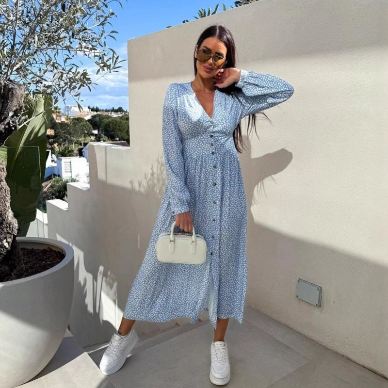 💖Last Day 50% OFF💖Fashion V-Neck Button Long Sleeve Floral Waist Dresses