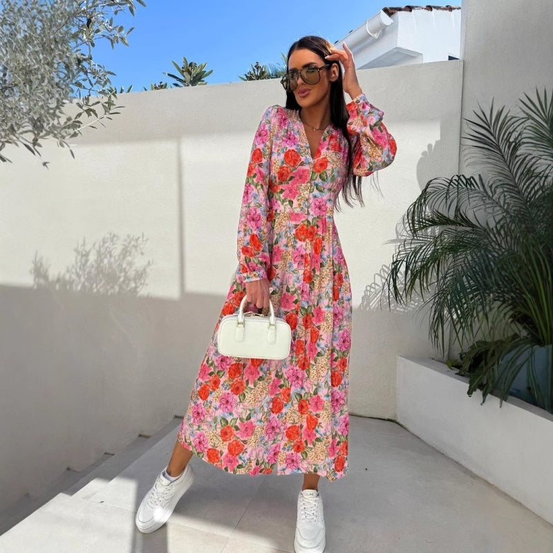 💖Last Day 50% OFF💖Fashion V-Neck Button Long Sleeve Floral Waist Dresses