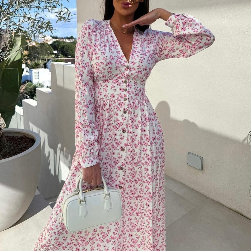 💖Last Day 50% OFF💖Fashion V-Neck Button Long Sleeve Floral Waist Dresses