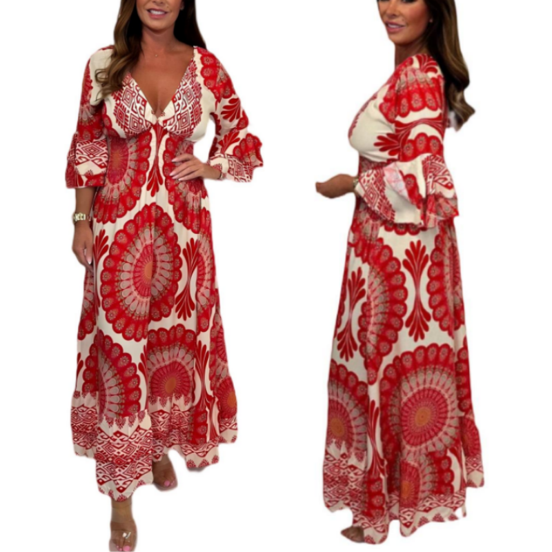 💖Last Day 50% OFF💖Women's Retro Boho Deep V-Neck Maxi Dress