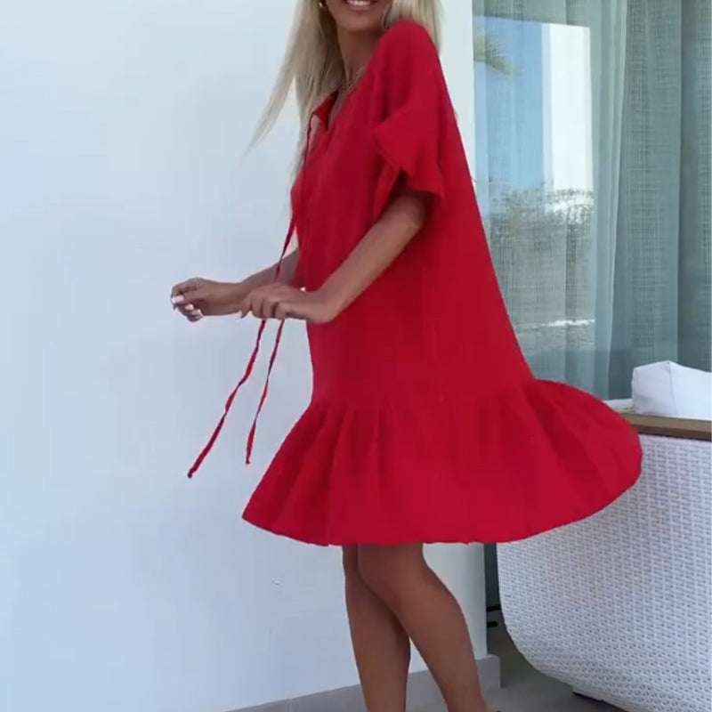 💖LAST DAY SALE 50% OFF💖Women's Floral Trim Short Sleeve Solid Color Short Dresses(The more you buy, the higher the discount)