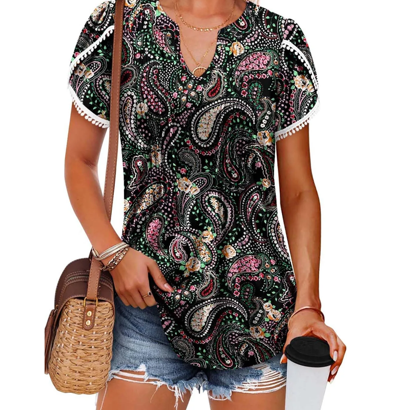 💖LAST DAY SALE 50% OFF💖Women's Cute Fringe Cuff Short-Sleeve Printed Tops