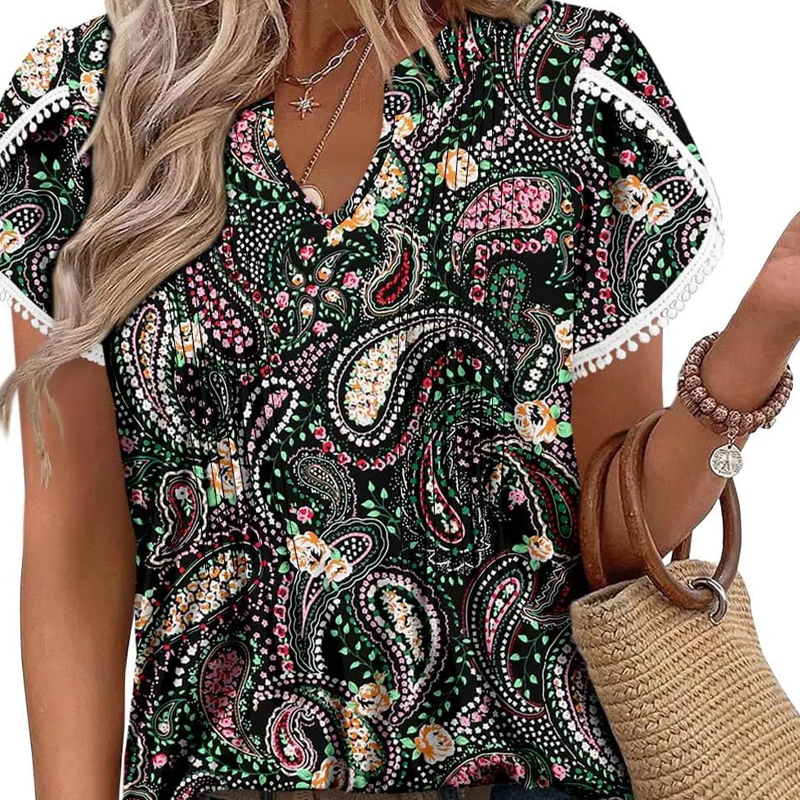 💖LAST DAY SALE 50% OFF💖Women's Cute Fringe Cuff Short-Sleeve Printed Tops