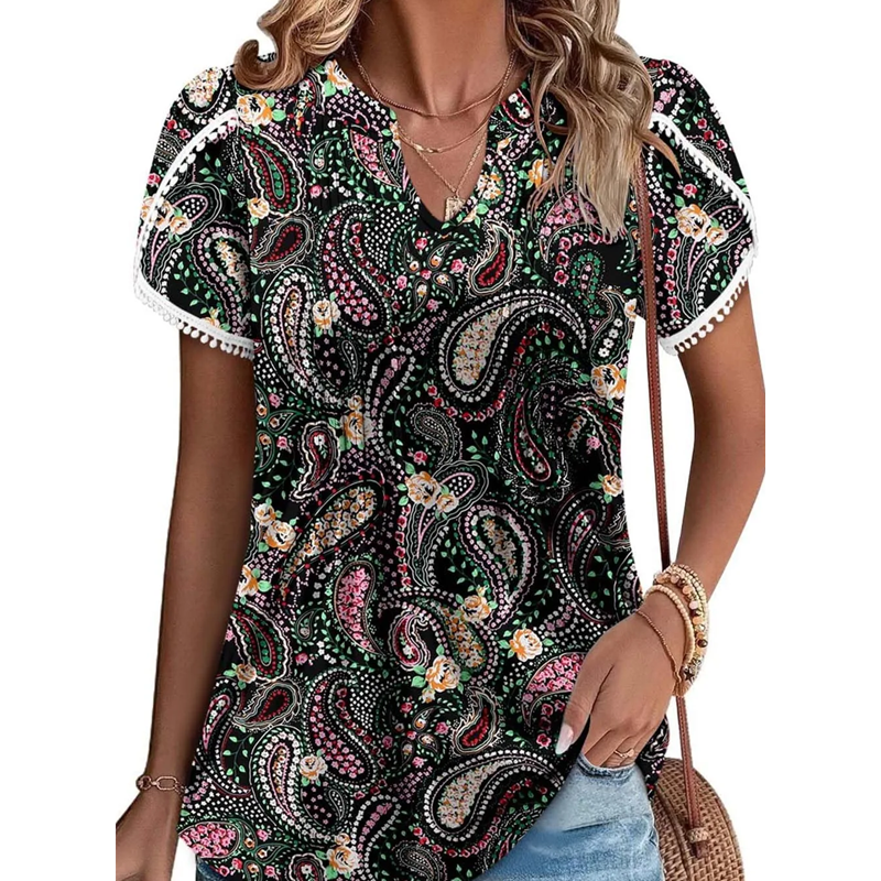 💖LAST DAY SALE 50% OFF💖Women's Cute Fringe Cuff Short-Sleeve Printed Tops