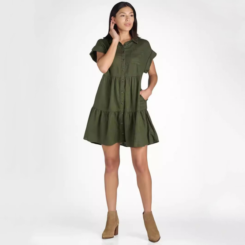 💖LAST DAY SALE 50% OFF💖Women’s Lapel Short Sleeve Pleated Button-Down Dress