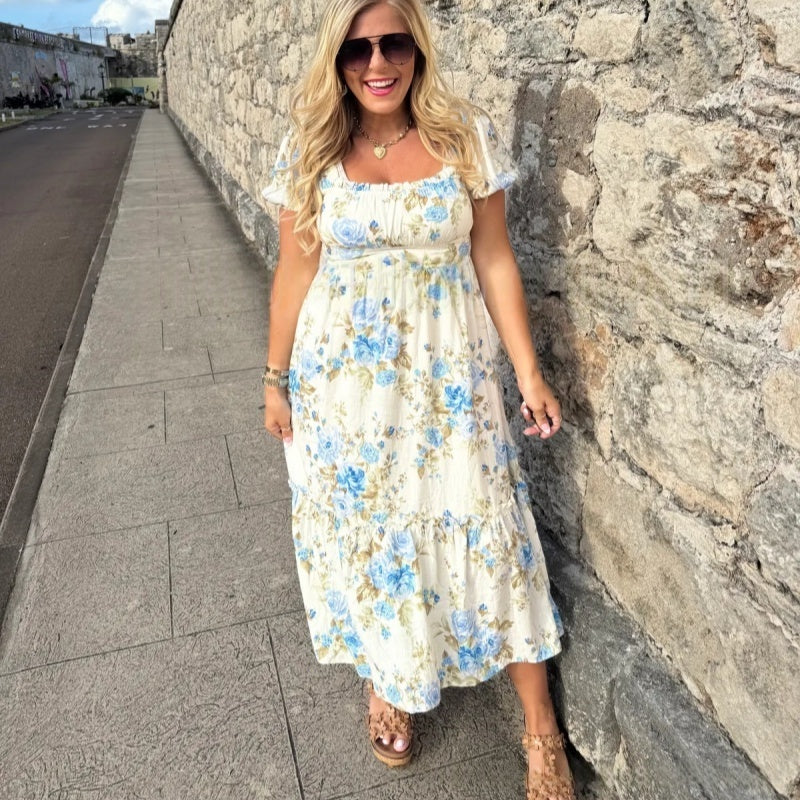 🏖️Summer Hot Sale 49% OFF🌼Women's Printed Square Neck Pleated Short Sleeve Dress