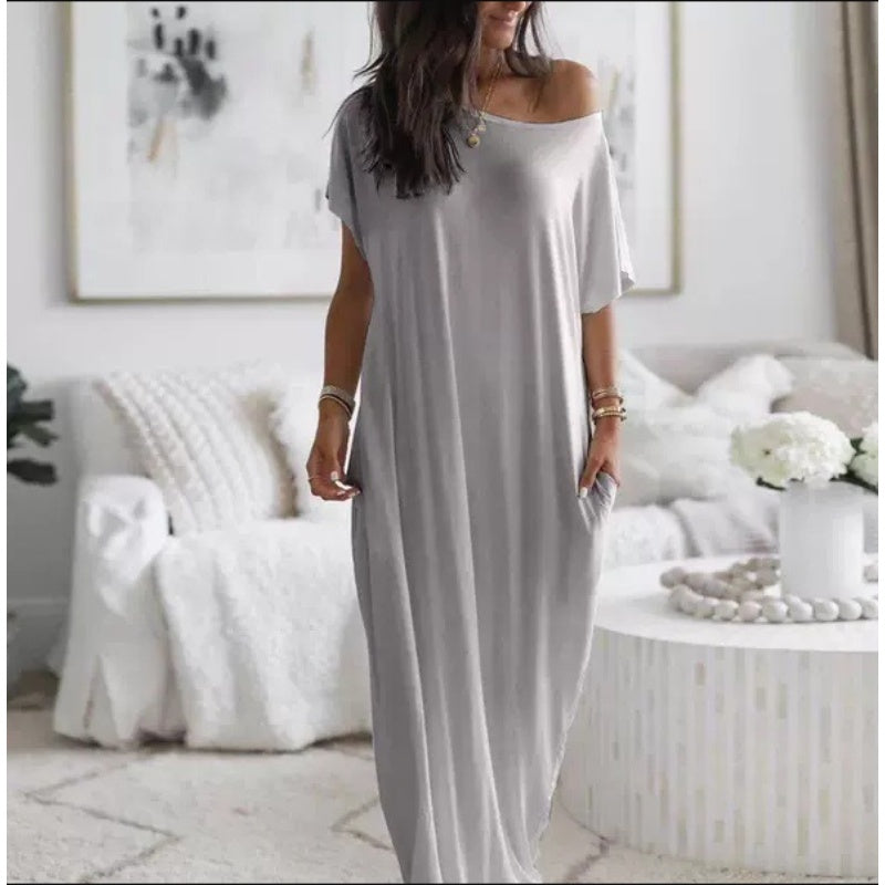 🔥🔥Last Day Special Discount💃Women's Summer Casual Loose Solid Color Short-Sleeve Long Dress