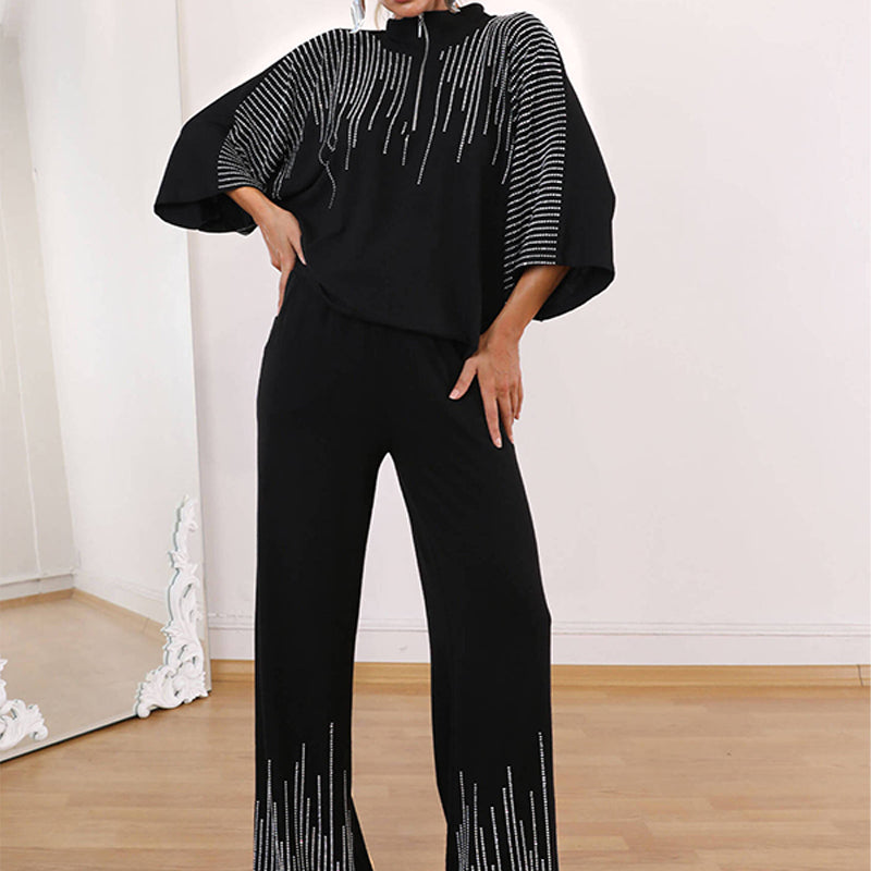 🔥Kostenloser Versand  Damen Zweiteiler mit Strass: Oberteil mit halbem Reißverschluss & weite Hose
