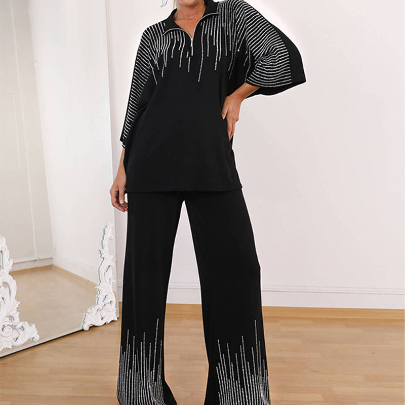 🔥Kostenloser Versand  Damen Zweiteiler mit Strass: Oberteil mit halbem Reißverschluss & weite Hose
