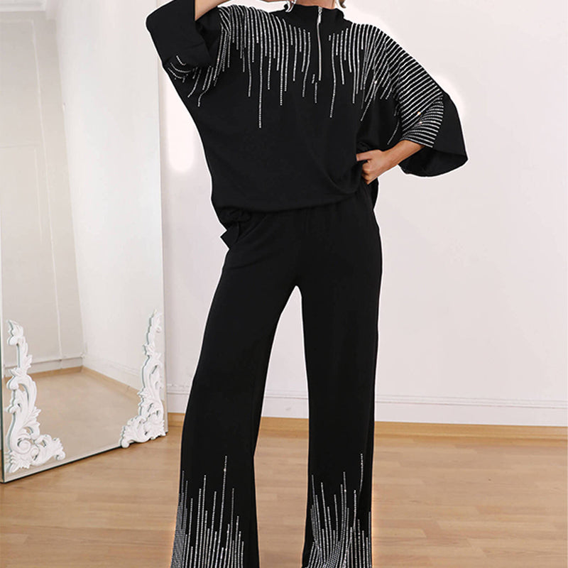 🔥Kostenloser Versand  Damen Zweiteiler mit Strass: Oberteil mit halbem Reißverschluss & weite Hose