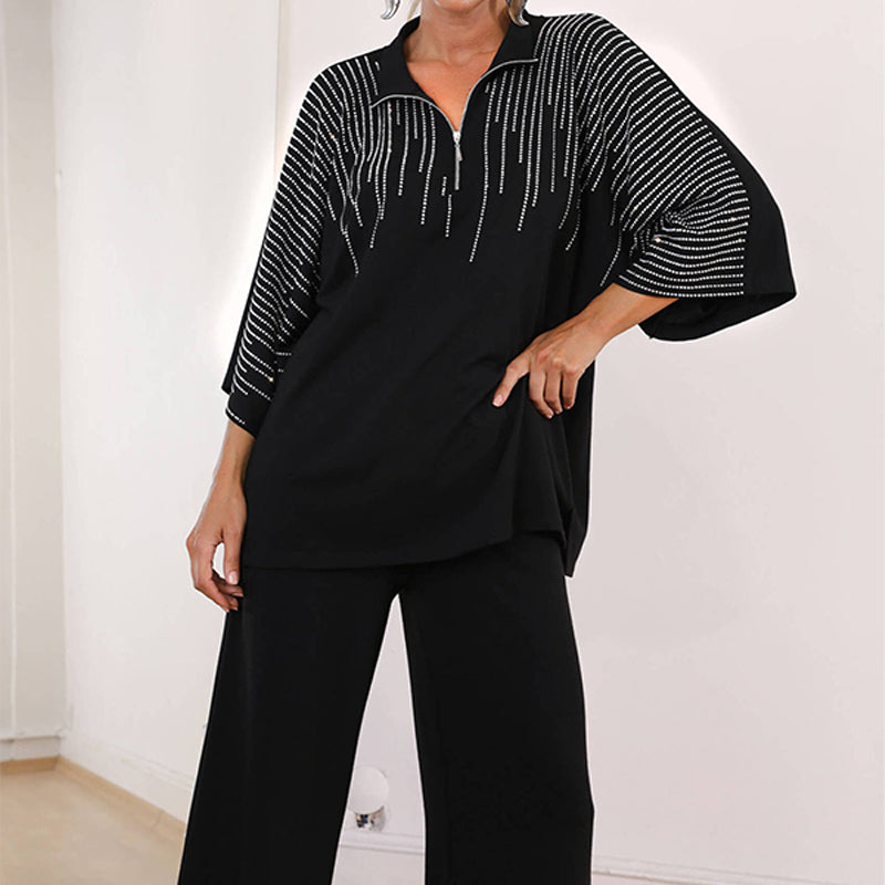 🔥Kostenloser Versand  Damen Zweiteiler mit Strass: Oberteil mit halbem Reißverschluss & weite Hose