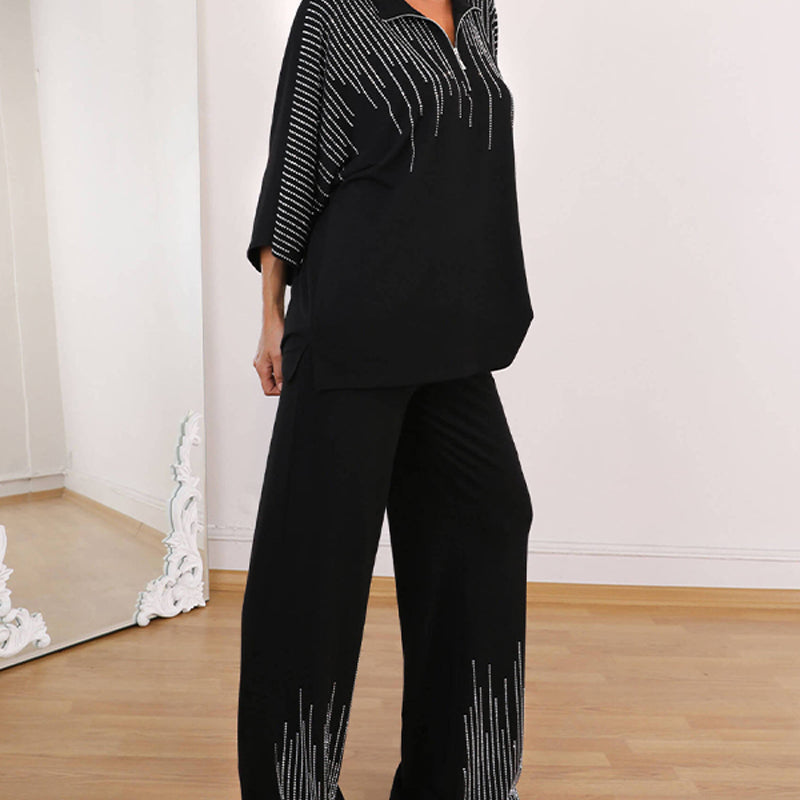 🔥Kostenloser Versand  Damen Zweiteiler mit Strass: Oberteil mit halbem Reißverschluss & weite Hose