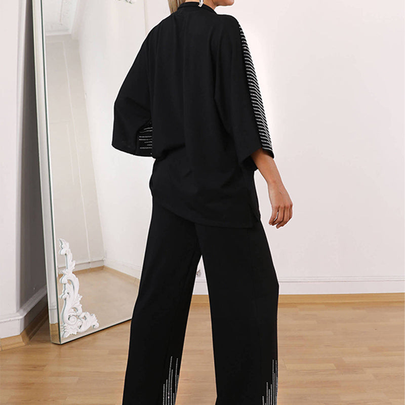 🔥Kostenloser Versand  Damen Zweiteiler mit Strass: Oberteil mit halbem Reißverschluss & weite Hose