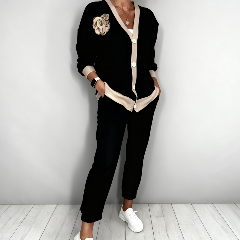 🔥Zeitlich begrenztes Angebot – 2-teiliges Set aus lässigem Damen-Oberteil mit V-Ausschnitt und Hose mit hoher Taille