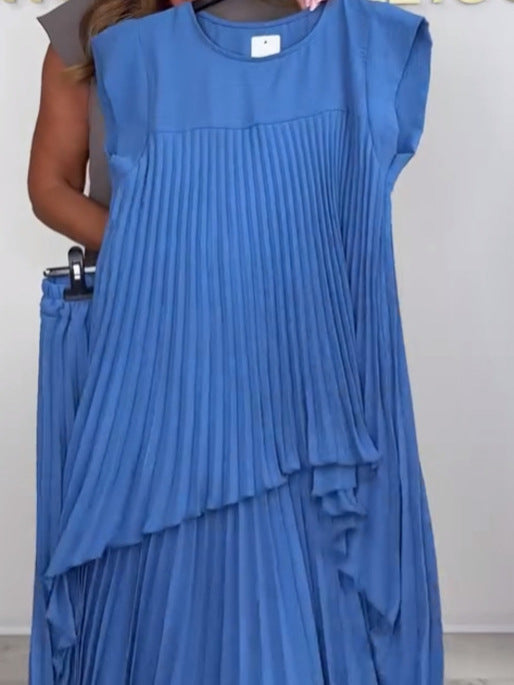 💖LAST DAY SALE 50% OFF💖Laney Pleated Short Sleeve Irregular Midi Top and Elastic Waist Wide Leg Pants Set