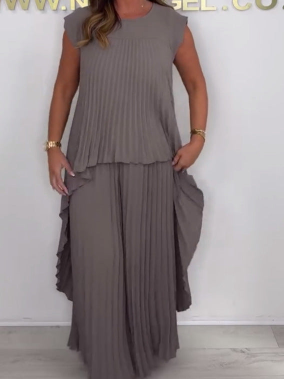 💖LAST DAY SALE 50% OFF💖Laney Pleated Short Sleeve Irregular Midi Top and Elastic Waist Wide Leg Pants Set