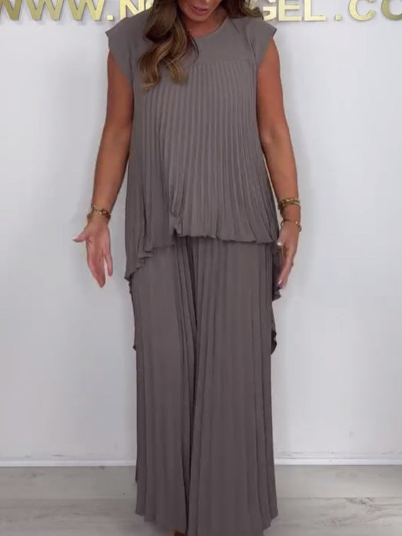 💖LAST DAY SALE 50% OFF💖Laney Pleated Short Sleeve Irregular Midi Top and Elastic Waist Wide Leg Pants Set