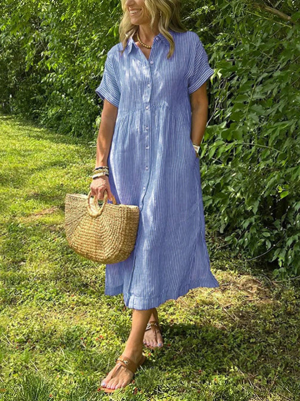 🎉This week's Special Sales - 50% OFF✨Striped Lapel Button Down Shirt Dress | With Functional Pockets