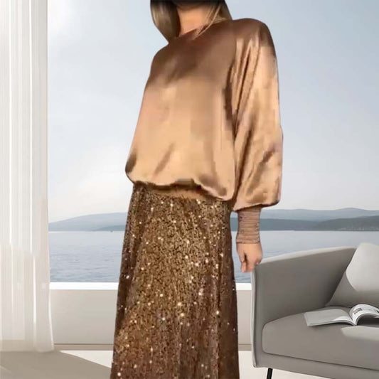 🎅Xmas Sales - 50% OFF🎄Women's Long Sleeve Top & Sequin Maxi Skirt Two-Piece Set