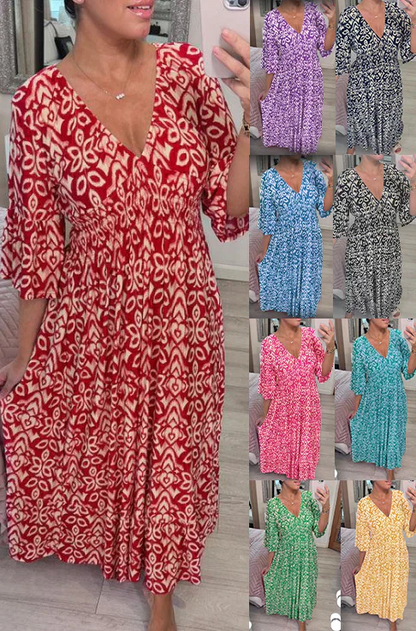 💖LAST DAY SALE 50% OFF💖Bohemian casual print V-neck waist wrap long dress