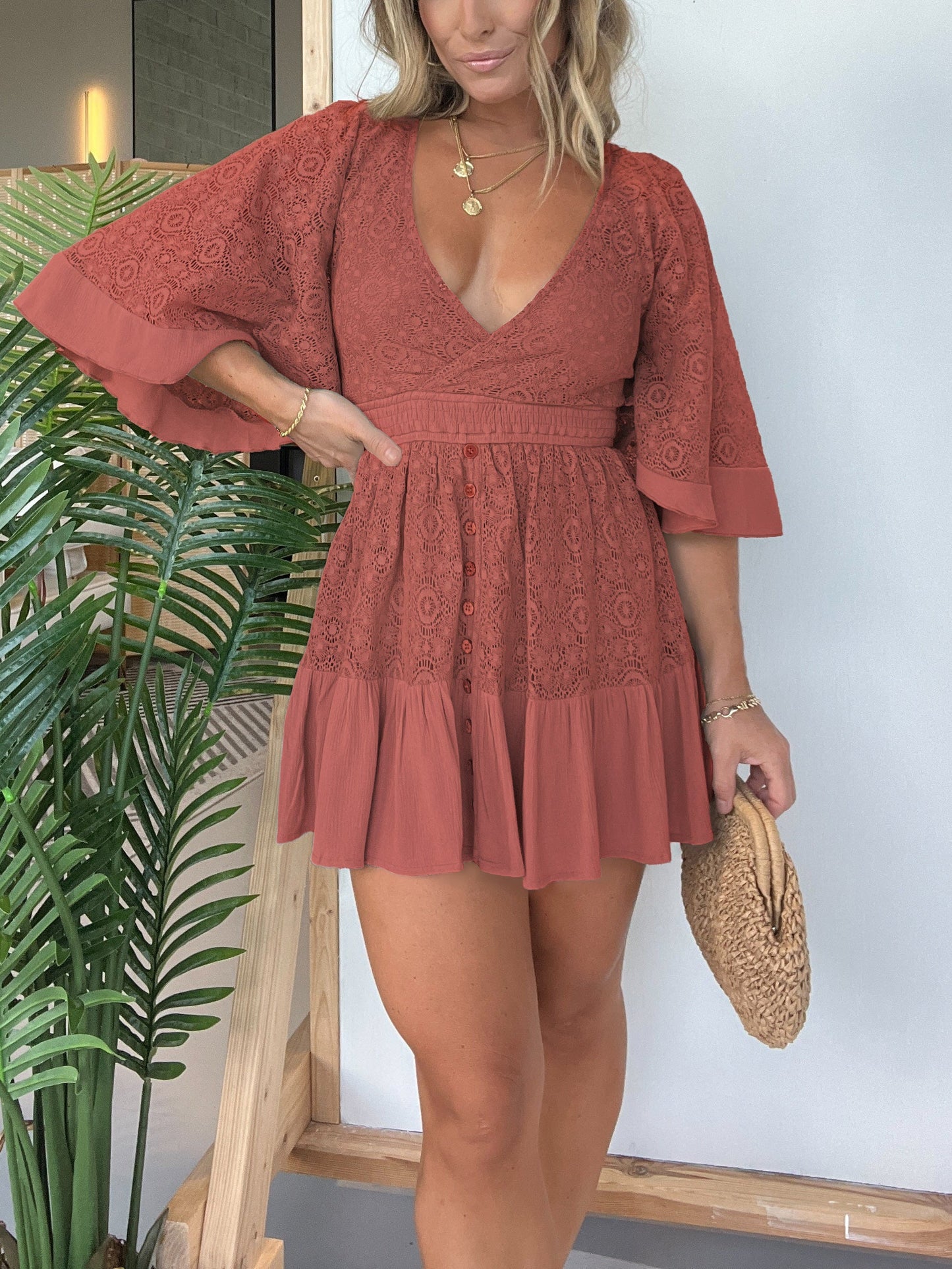 💕Limited Sale 50% OFF💕Women's Lace Crochet Romper Dress with Built-in Shorts
