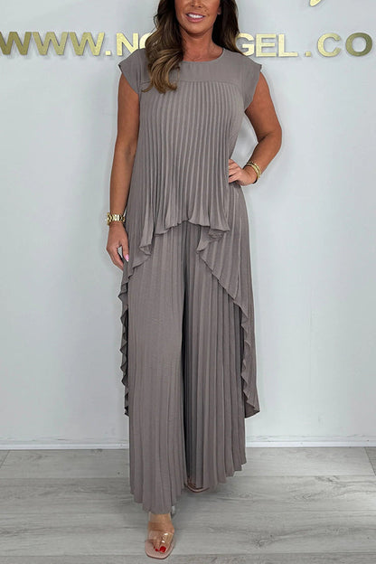 💖LAST DAY SALE 50% OFF💖Laney Pleated Short Sleeve Irregular Midi Top and Elastic Waist Wide Leg Pants Set