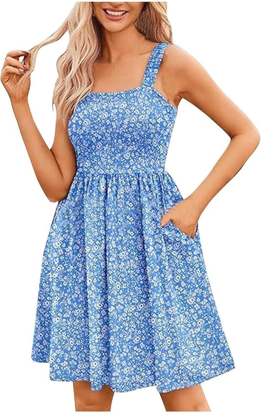 💖LAST DAY SALE 50% OFF💖Women's Summer Dresses Casual Square Neck Floral Sundress With Pockets
