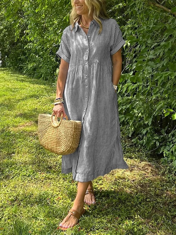 🎉This week's Special Sales - 50% OFF✨Striped Lapel Button Down Shirt Dress | With Functional Pockets